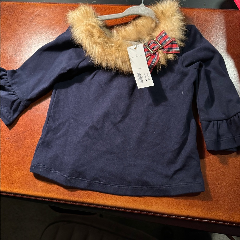 NWT Blue Faux Fur collar shirt. Janie and Jack. Size 3